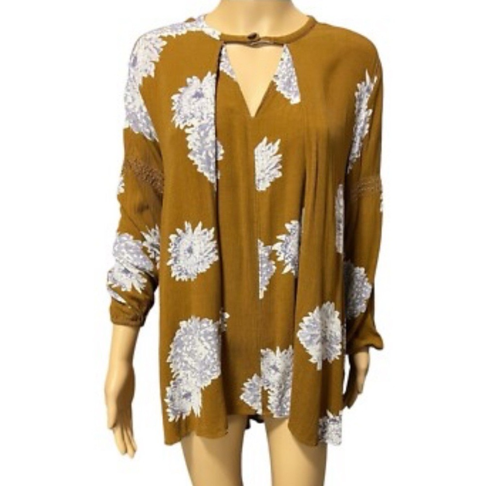 Free People Women's Floral Mustard Swing Tunic Blouse Top w/pockets XS Boho Chic